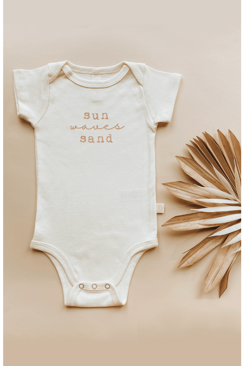Sun Waves Sand - Organic Short Sleeve Baby Bodysuit, Alternate, color, Natural Clay Lettering