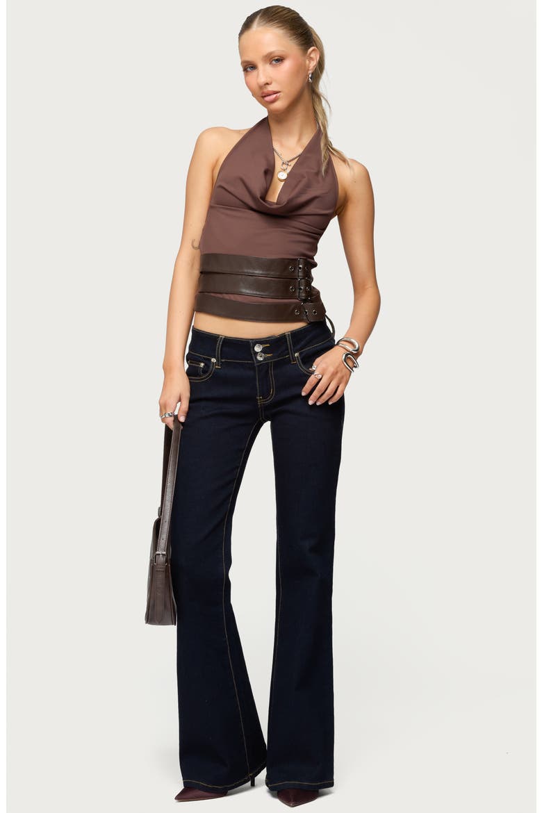 Buckle Halter Neck Open Back Crop Top, Alternate, color, BROWN