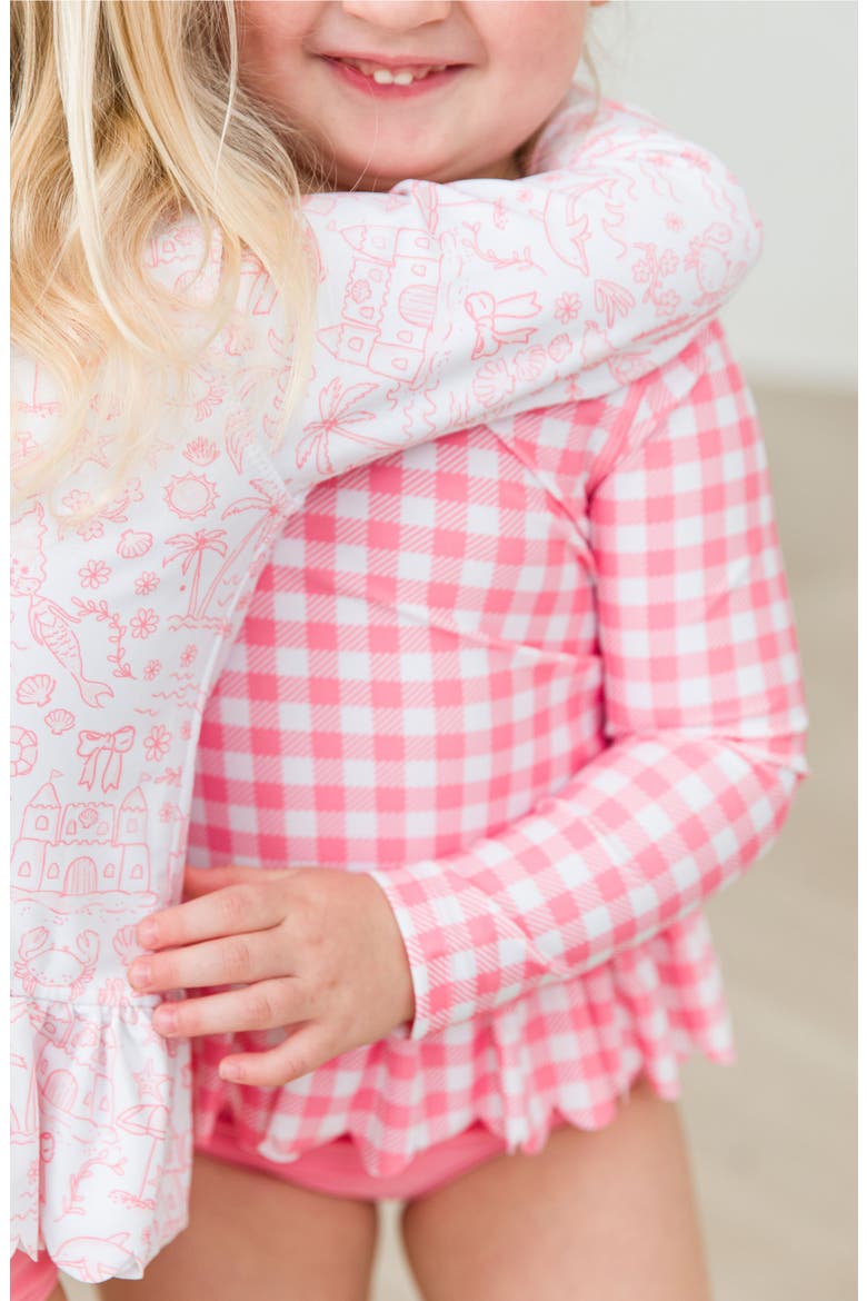 Gingham Scallop Hem Long Sleeve Two-Piece Rashguard Swimsuit, Alternate, color, PINK