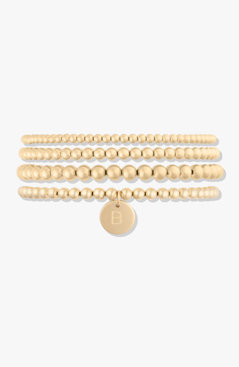 Classic Initial Coin 14k Gold Filled Bead Four Bracelet Stack
