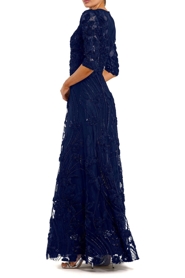Petite High Neck Embellished Lace Gown with 3/4 Sleeves, Alternate, color, Navy