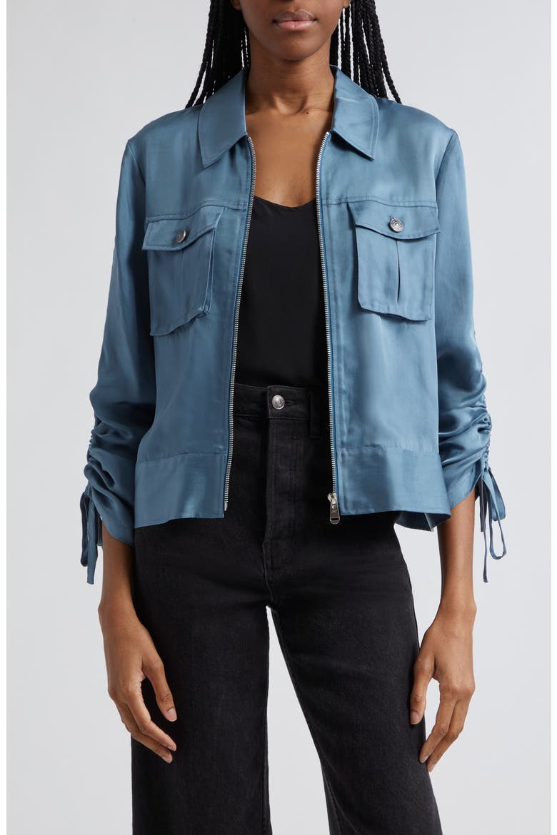 Dale Ruched Sleeve Cupro Satin Jacket, Main, color, MIDNIGHT RAIN