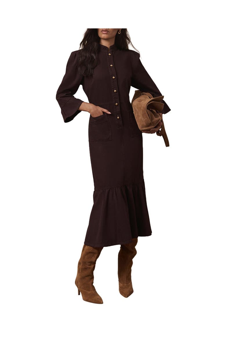Denim Puff Shoulder Midi Shirt Dress, Main, color, Burgundy