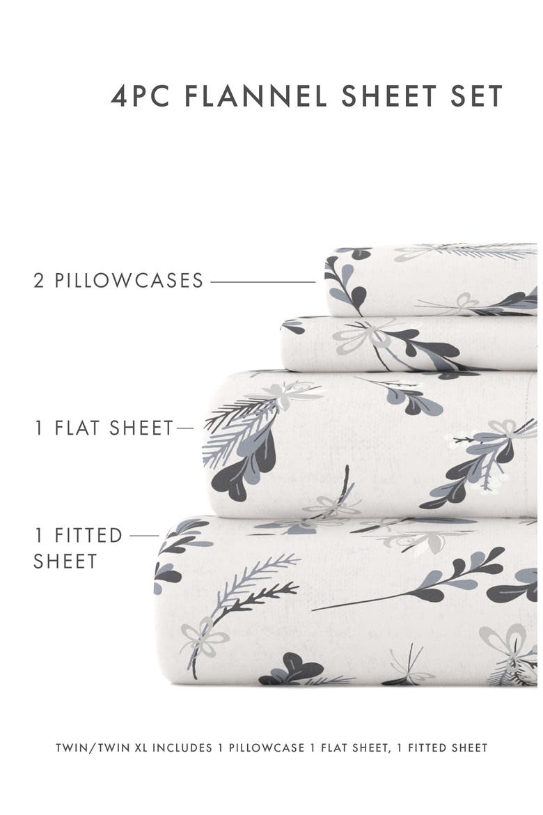 HOME SPUN Premium Botanical 4 Piece Flannel Bed Sheet Set, Alternate, color, LIGHT GRAY