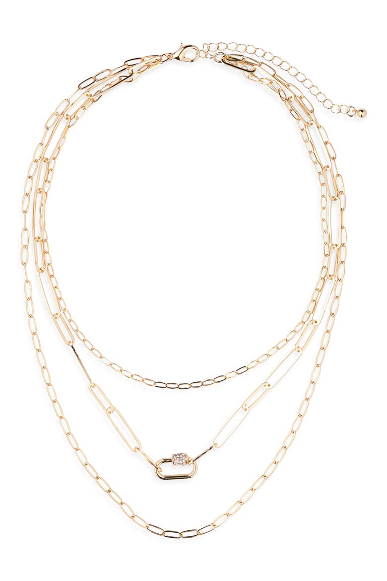 Caribiner Pavé CZ Multi Layer Necklace, Main, color, CLEAR- GOLD