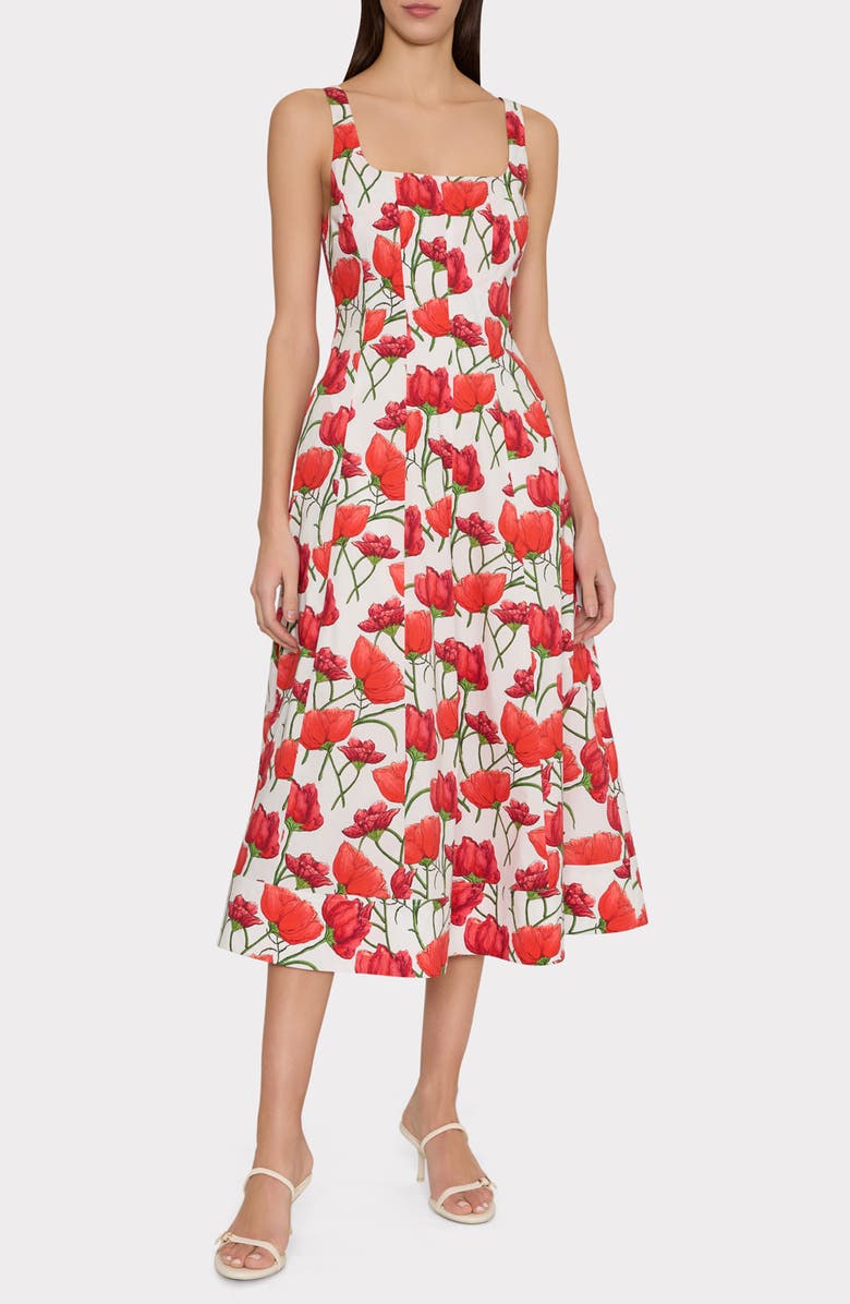 Milly Nia Red Peonia Stretch Cotton Poplin Midi Dress, Main, color, Red Multi
