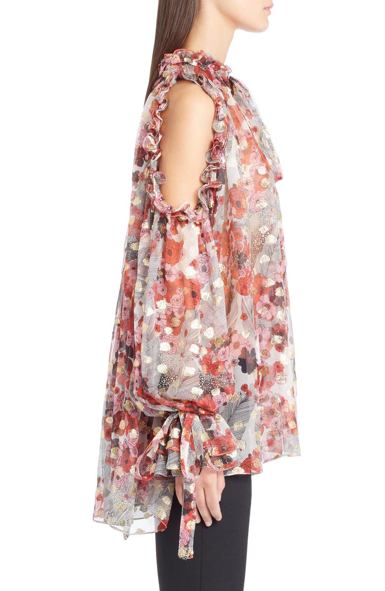 McQueen Alexander McQueen Feather Print Cold Shoulder Blouse, Alternate, color,