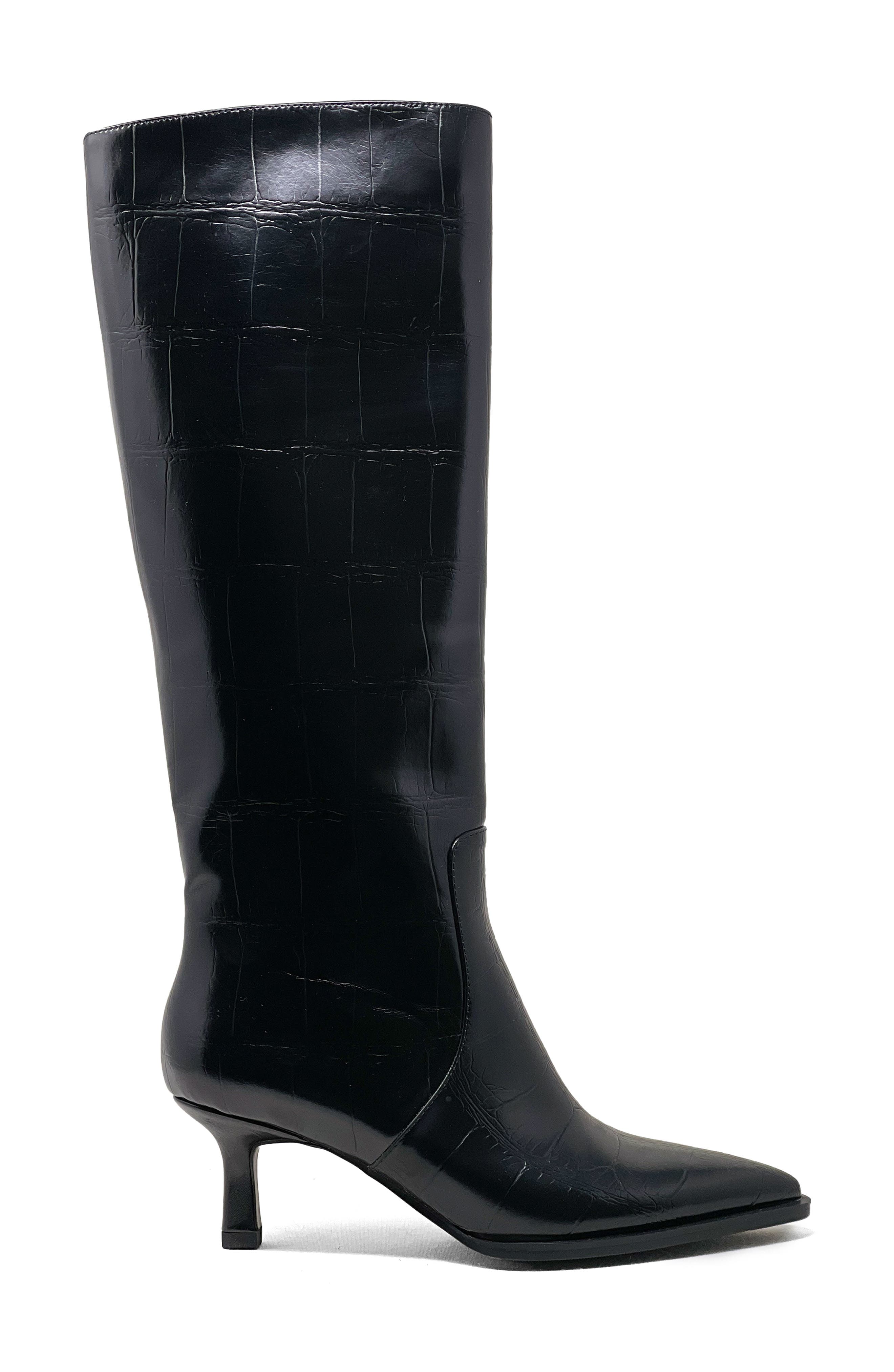 SHUSHOP Vanessa Pointed Toe Knee High Kitten Boot, Alternate, color, Black Croco