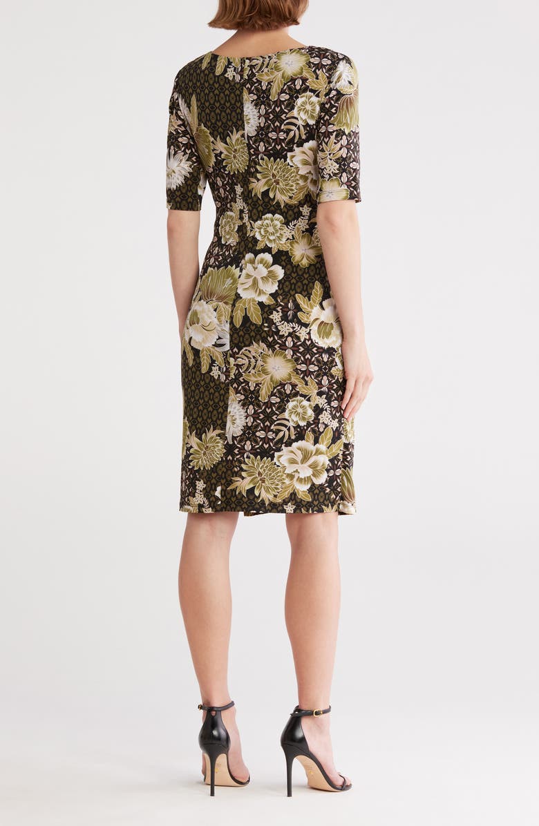 Connected Apparel Floral Short Sleeve Ruched Waist Dress, Alternate, color, Loden