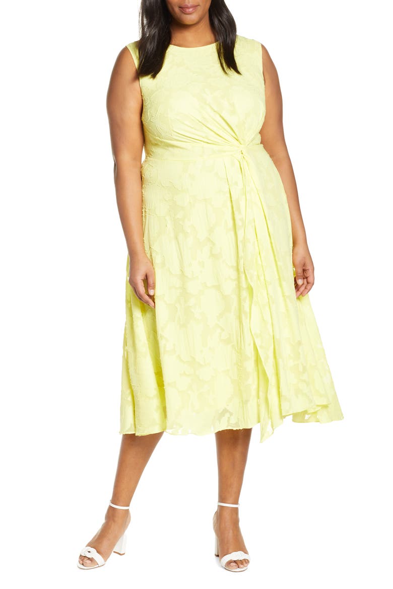 Jason Wu x ELOQUII Gathered Fil Coupé Midi Dress, Main, color, YELLOW