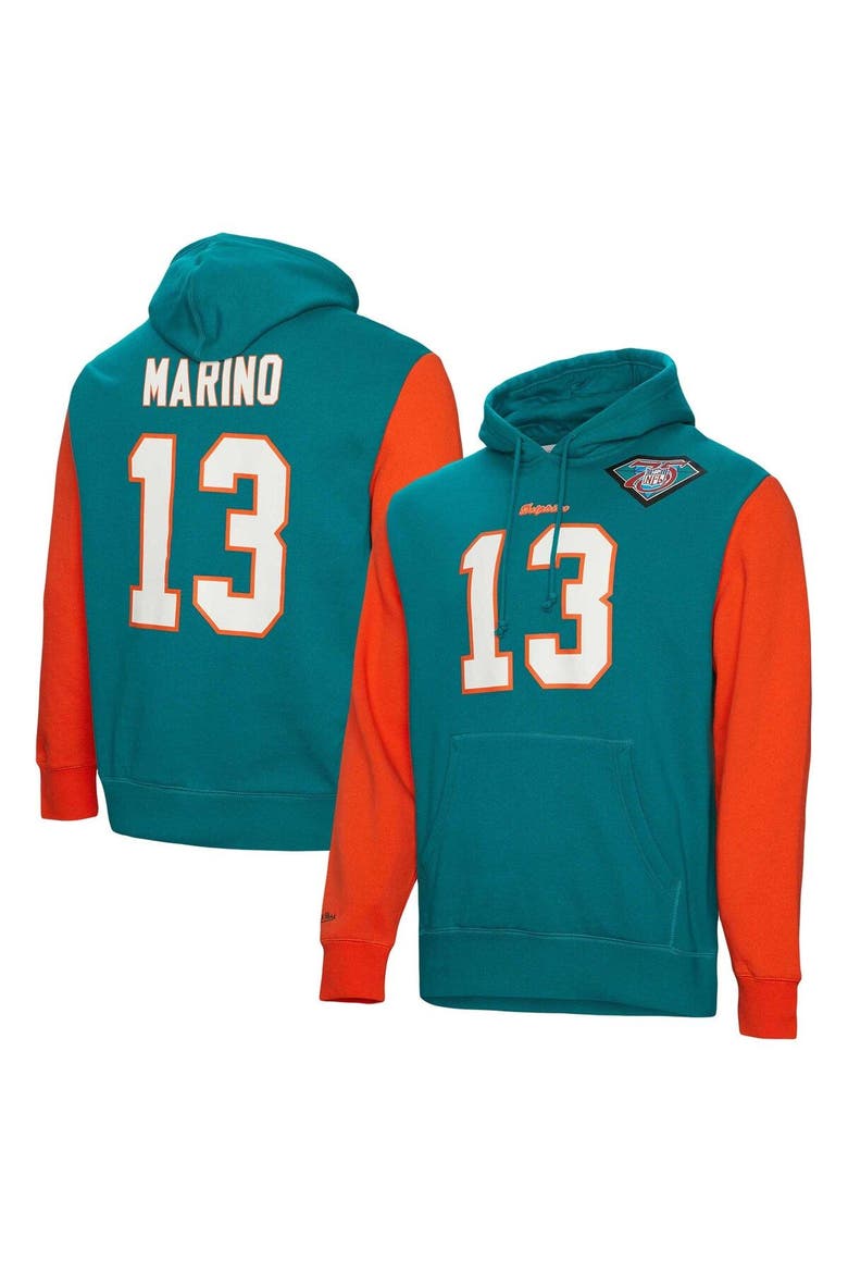 Men's Mitchell & Ness Dan Marino Aqua Miami Dolphins Retired Player Name & Number Pullover Hoodie, Main, color, Aqua