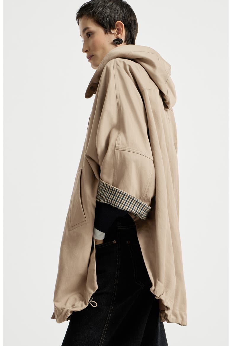 Cotton and linen twill hooded outerwear jacket with monili, Alternate, color, Camel