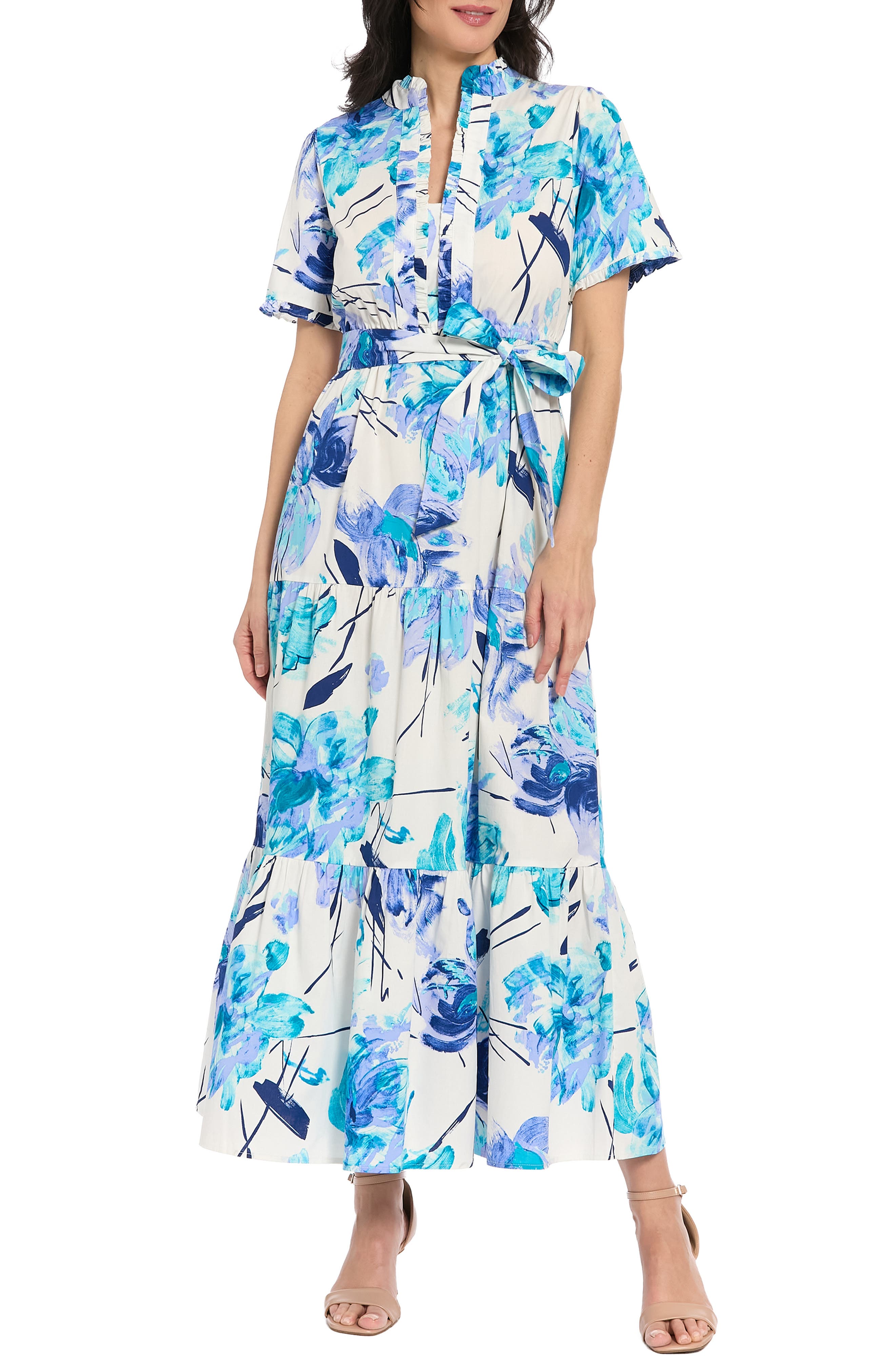 London Times Ruffle Neck Maxi Dress