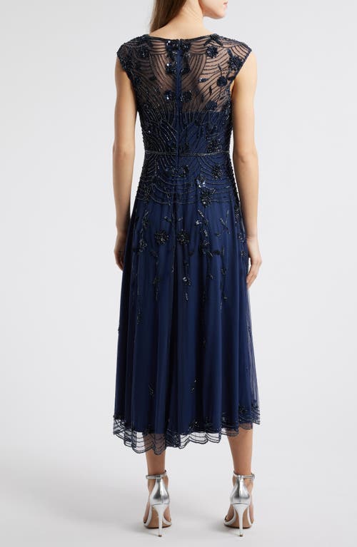 Pisarro Nights Beaded Sleeveless Chiffon Evening Dress In Navy