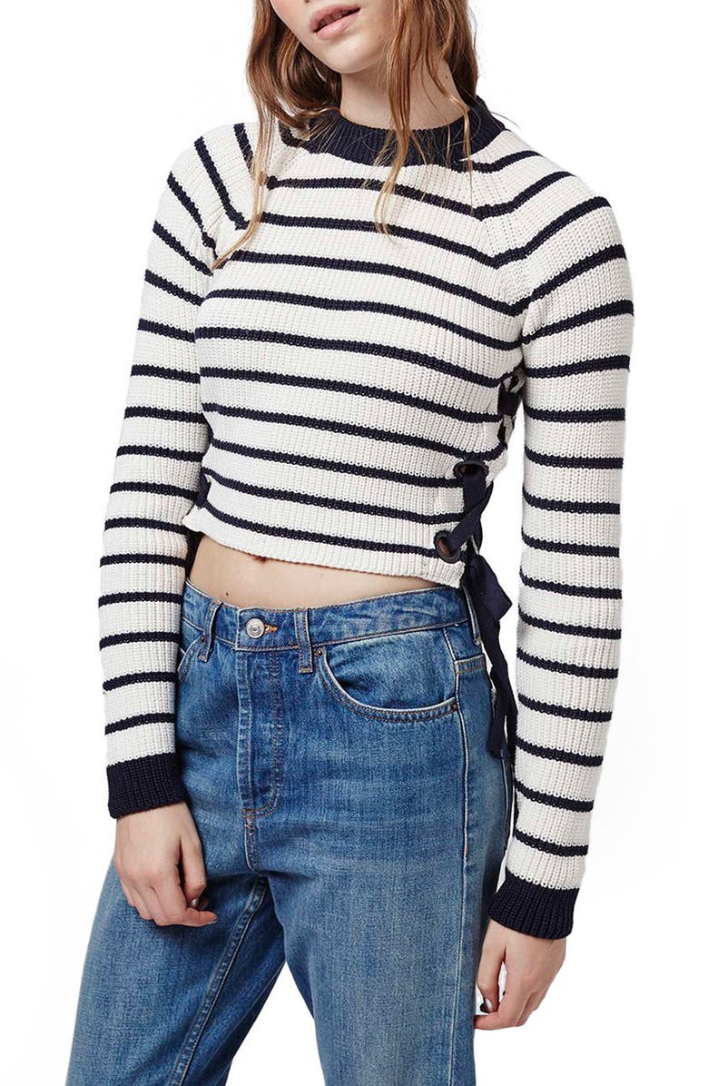 Topshop Lace-Up Crop Sweater, Main, color,