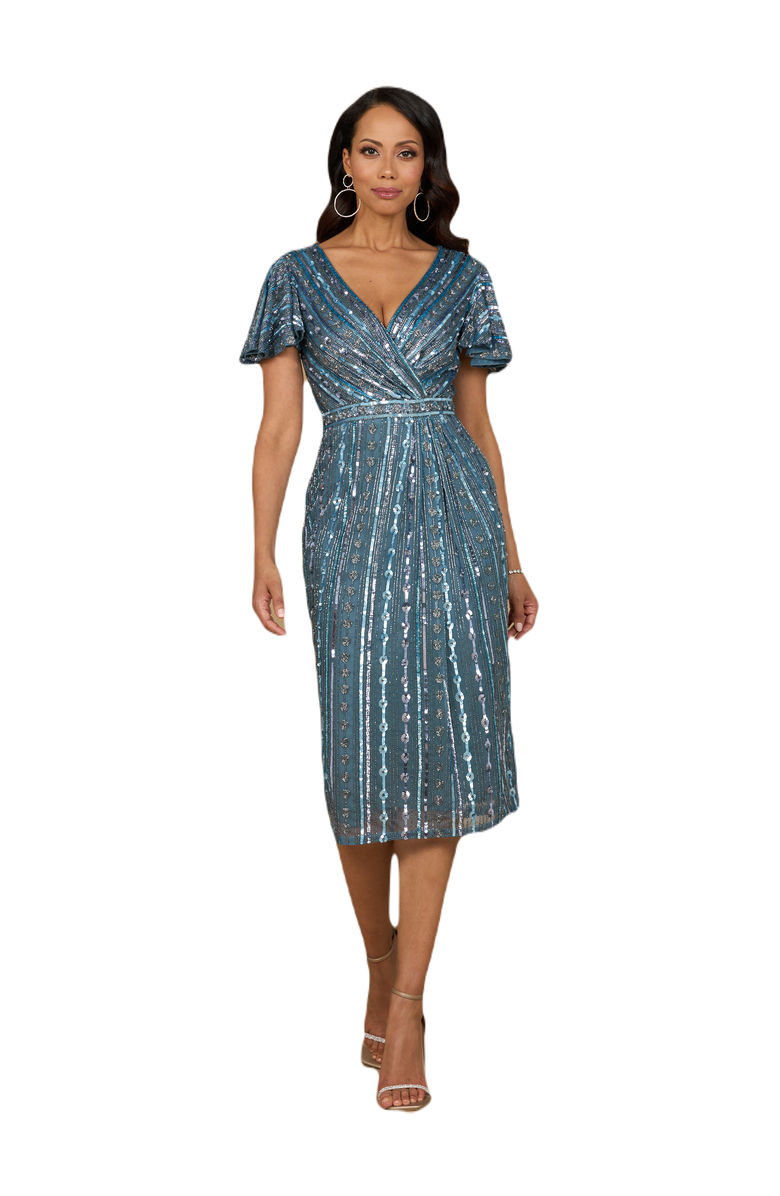 LARA New York Beaded Midi Dress with Flutter Sleeves, Alternate, color, Slate