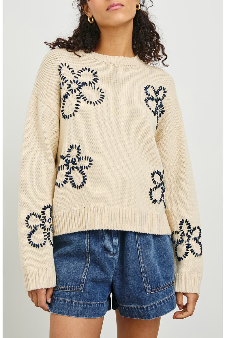 Zoey Floral Stitch Sweater, Main, color, IVORY NAVY STITCHED DAISIES