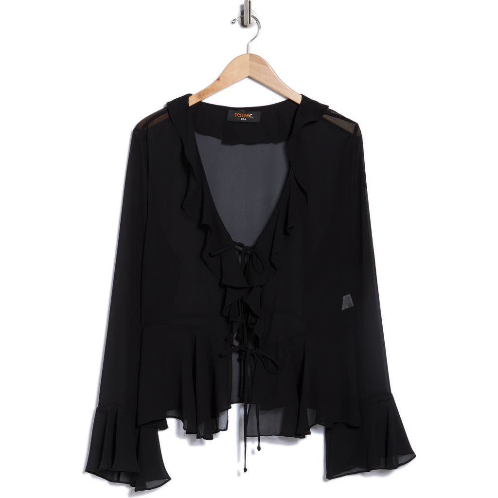 Renee C Sheer Ruffle Blouse In Black