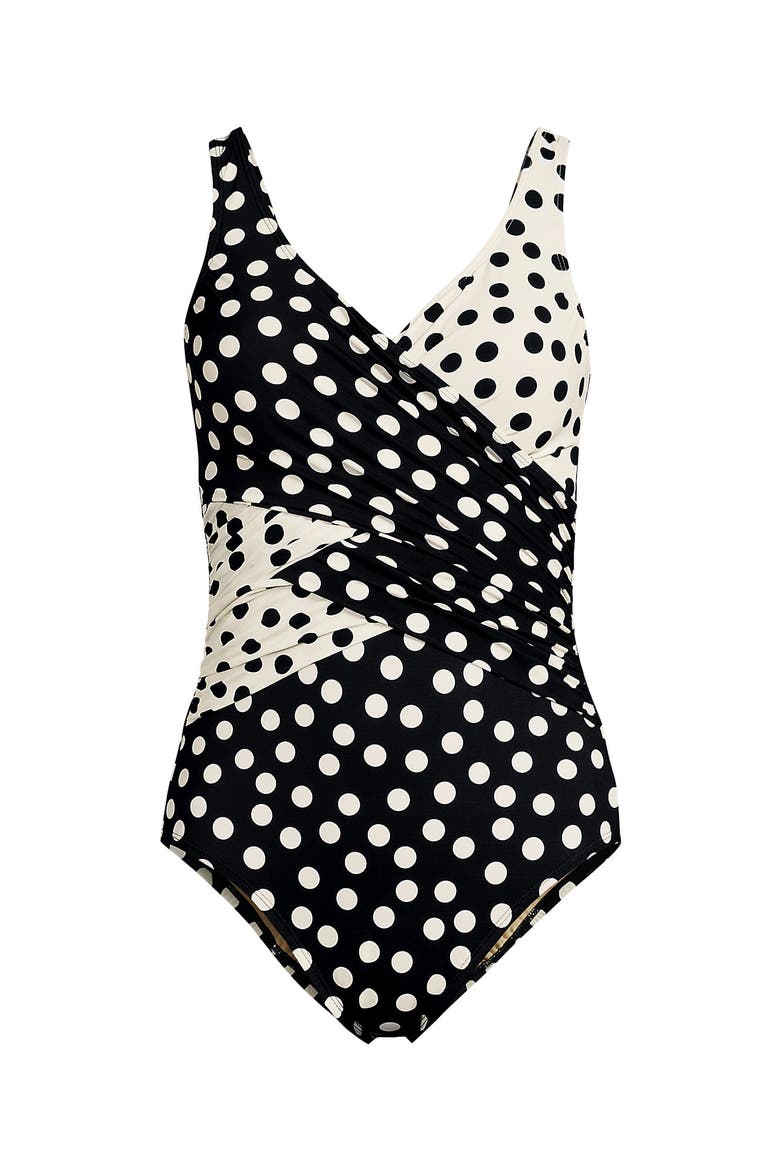 D-Cup Slender Tummy Control Chlorine Resistant V-neck Wrap One Piece Swimsuit, Alternate, color, Black/Egret Mixed Tossed Dots
