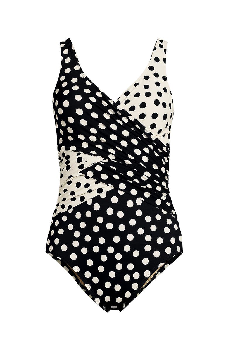 Lands' End DD-Cup New SlenderSuit Wrap One Piece Swimsuit, Alternate, color, Black/Egret Mixed Tossed Dots