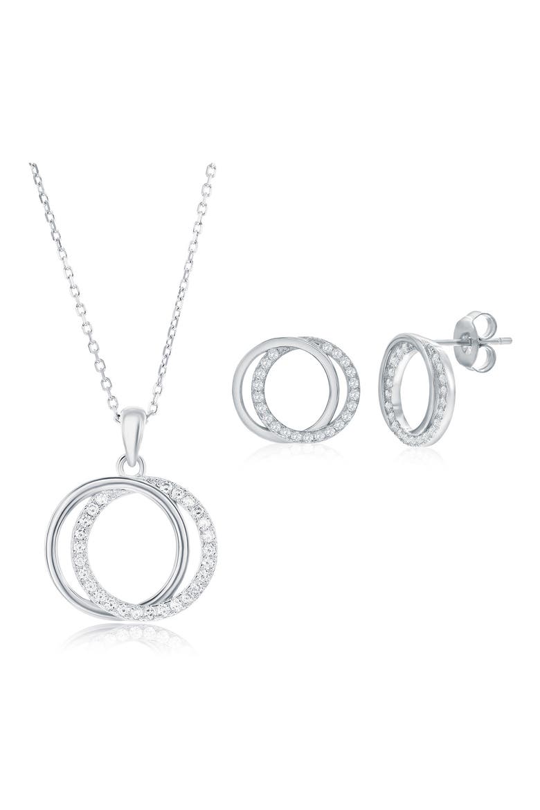 Cubic Zirconia Interlocking Circle Stud Earrings & Pendant Necklace Set, Main, color, SILVER