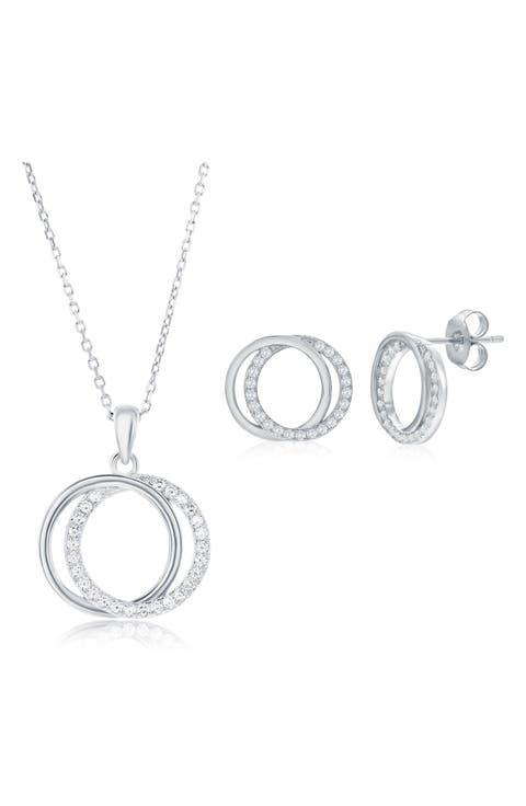 Cubic Zirconia Interlocking Circle Stud Earrings & Pendant Necklace Set