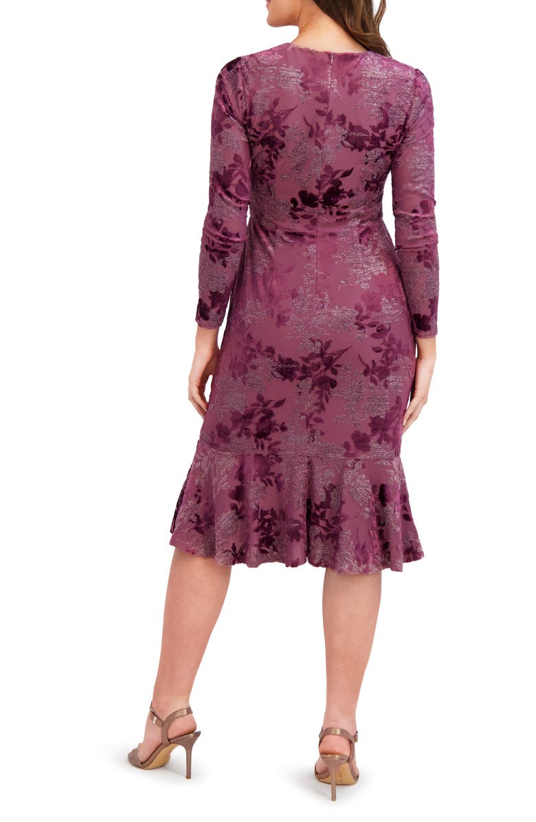 London Times Floral Burnout V-Neck Long Sleeve Faux Wrap Dress, Alternate, color, Mauve