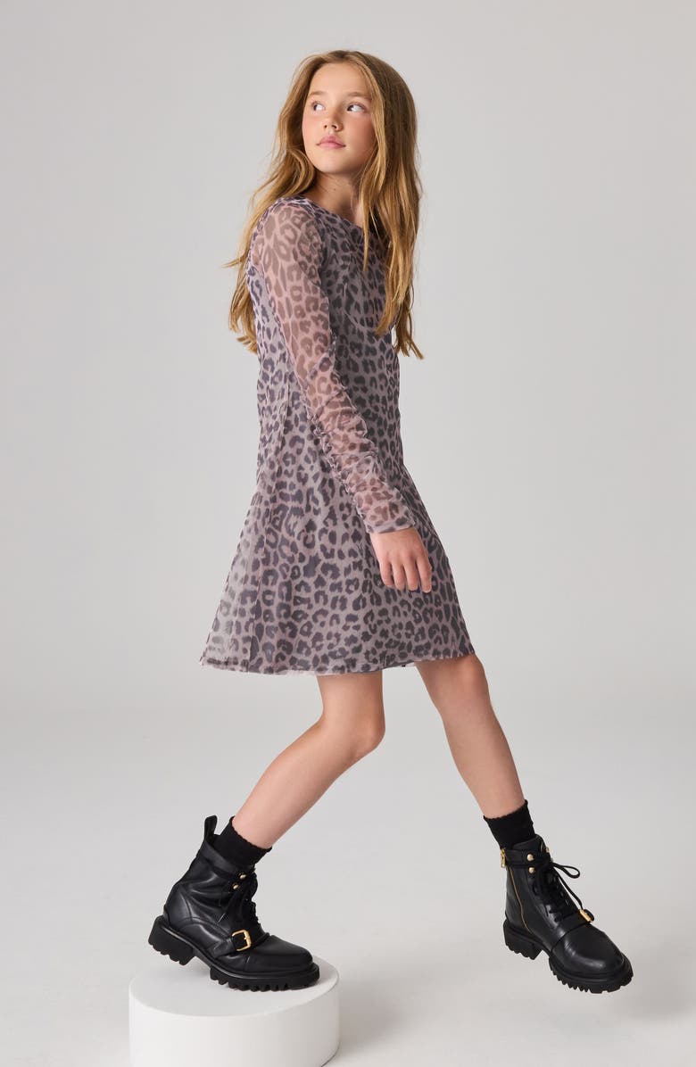 smALLSAINTS by ALLSAINTS Leopard Print Long Sleeve Mesh Minidress, Alternate, color, Brown