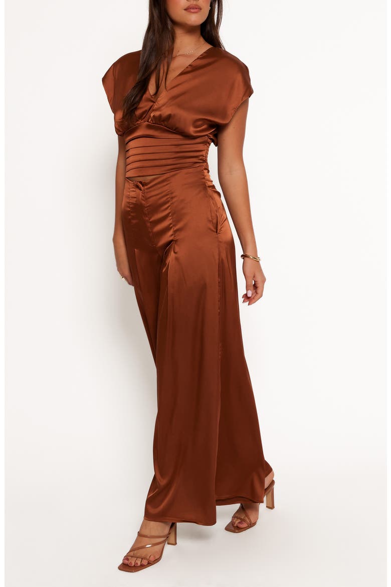 Cassie Satin Short Sleeve Top & Wide Leg Pants Set, Alternate, color, BRONZE