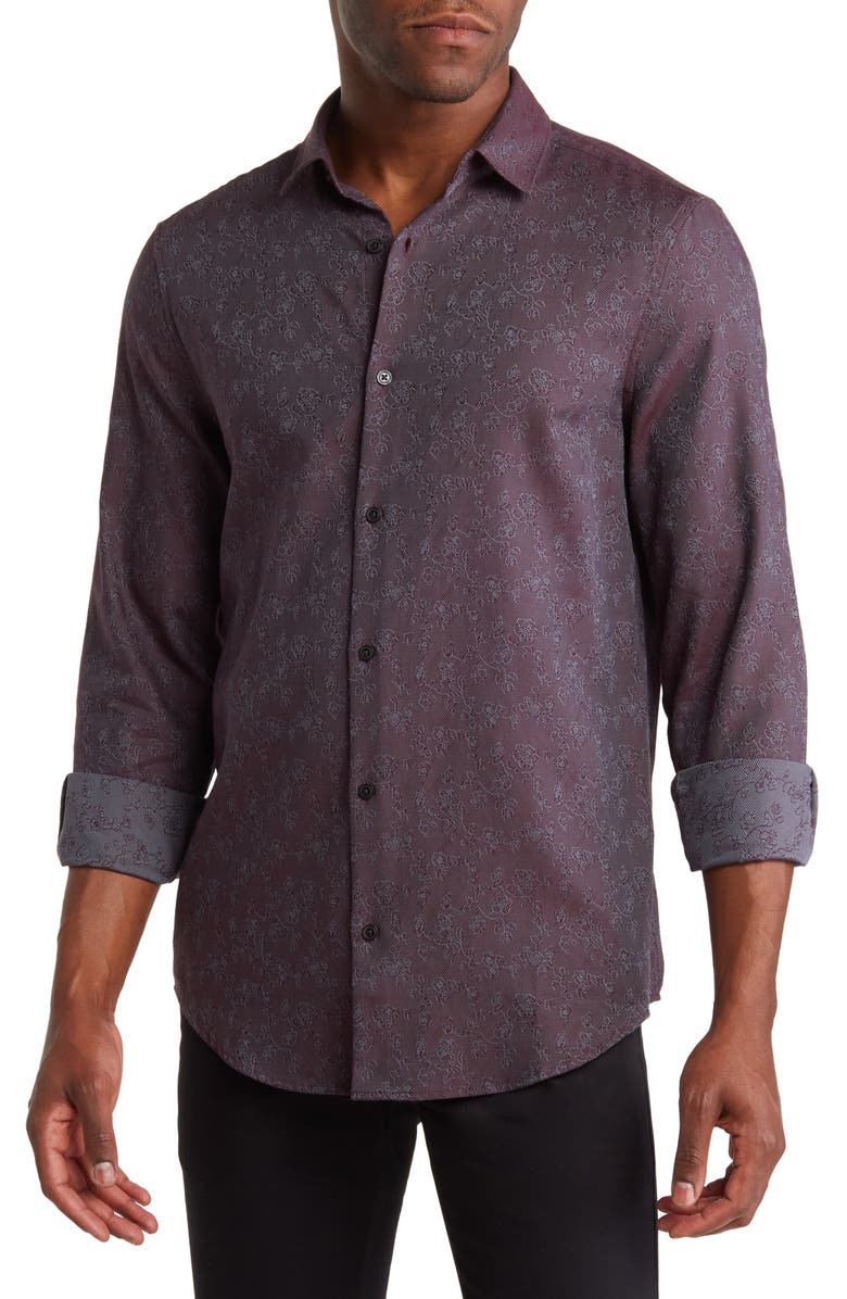 Perry Ellis Floral Jacquard Cotton Button-Up Shirt, Main, color,