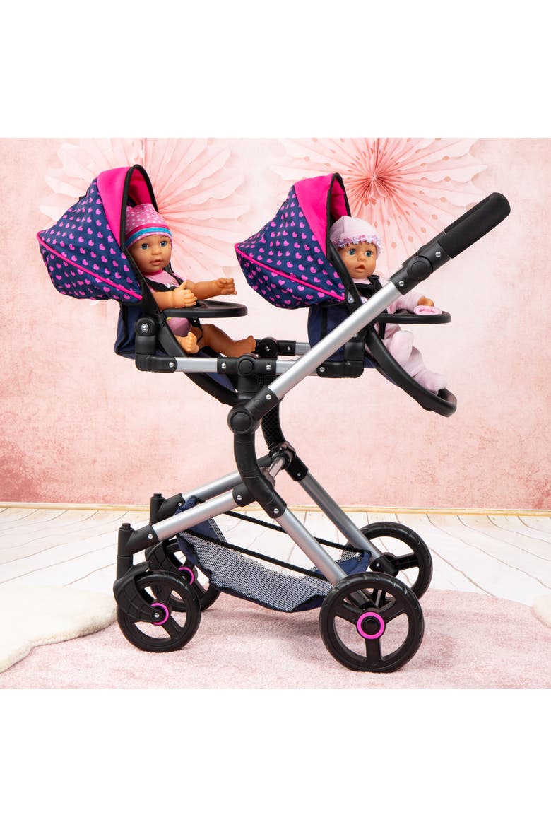 Twin Doll Pram Neo, Blue With Unicorn and Hearts, 18 Inch, Alternate, color, Multicolored
