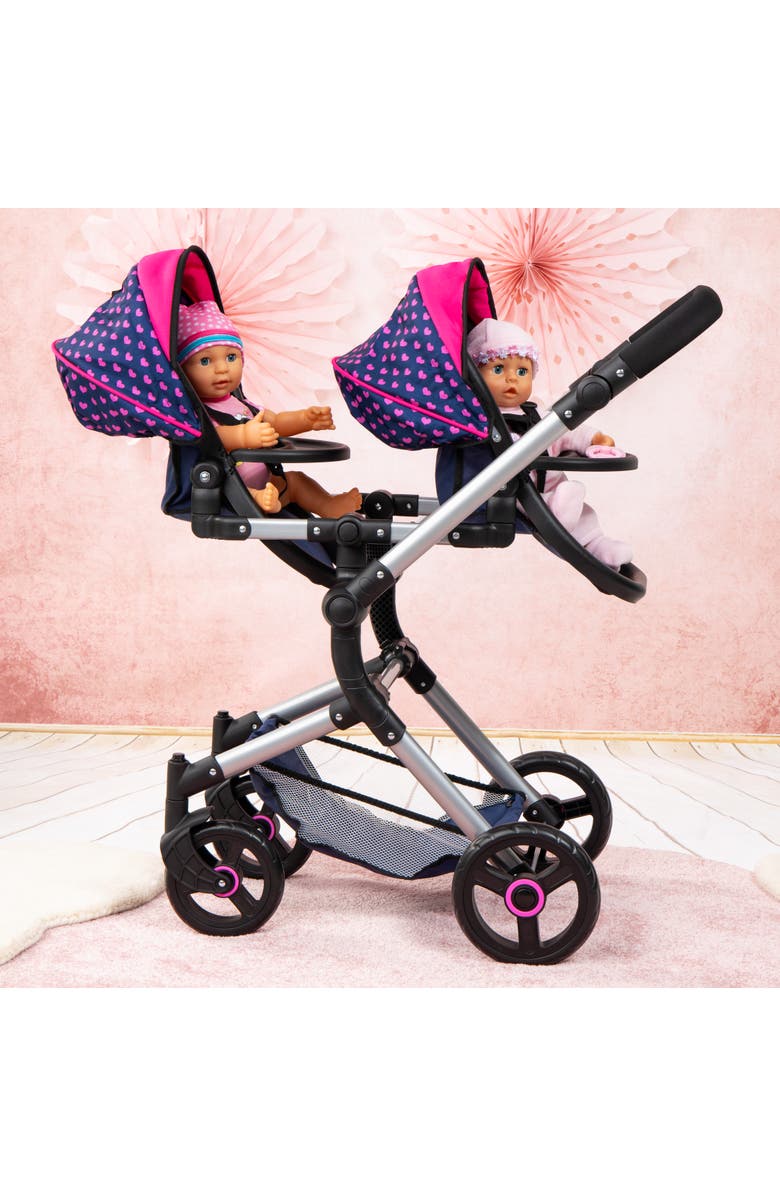 Bayer Twin Doll Pram Neo, Blue With Unicorn and Hearts, 18 Inch, Alternate, color, Multicolored