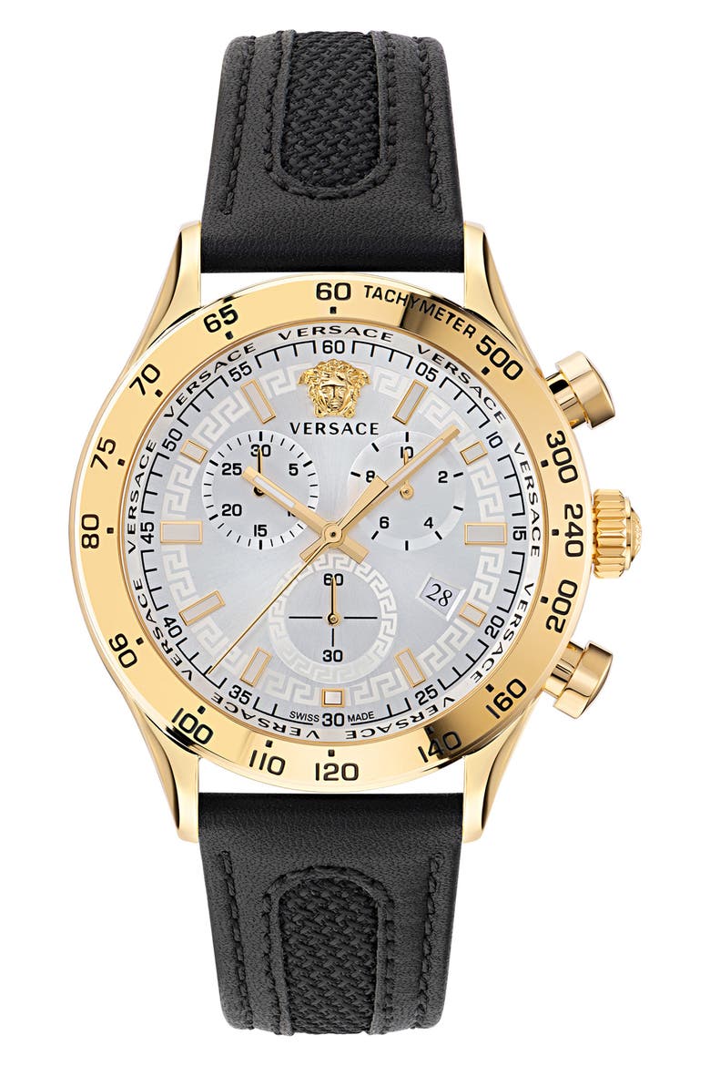 Hellenyium Chronograph Leather Strap Watch, 44mm, Main, color, GOLD