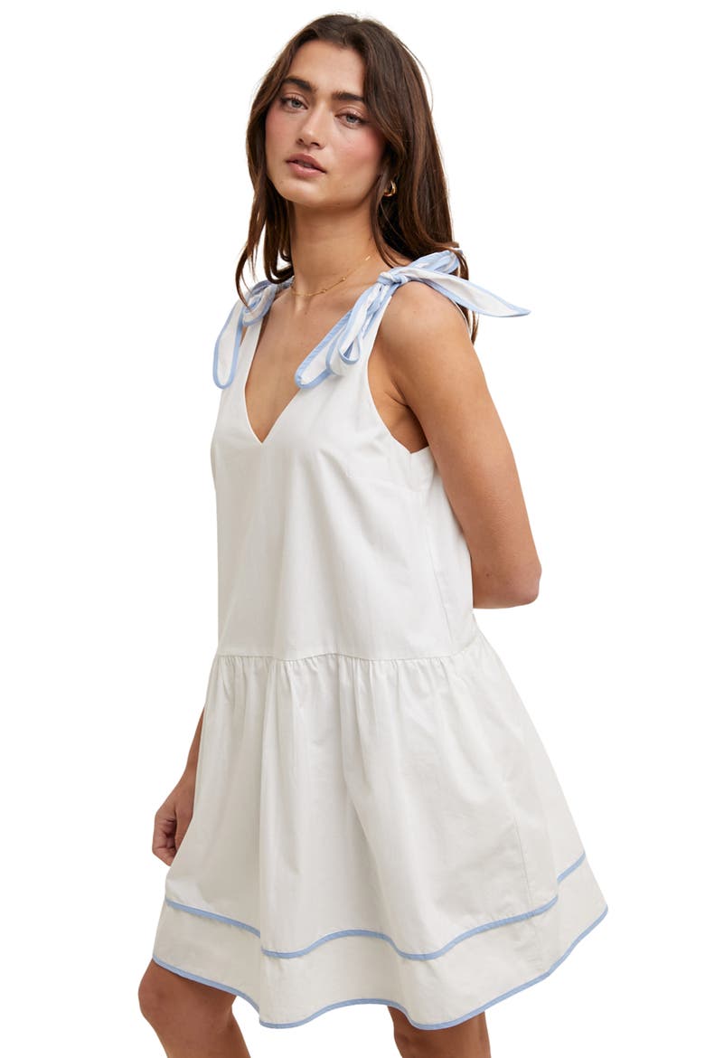 Contrast Bow Tiered Cotton Babydoll Dress, Alternate, color, WHITE/ SKY