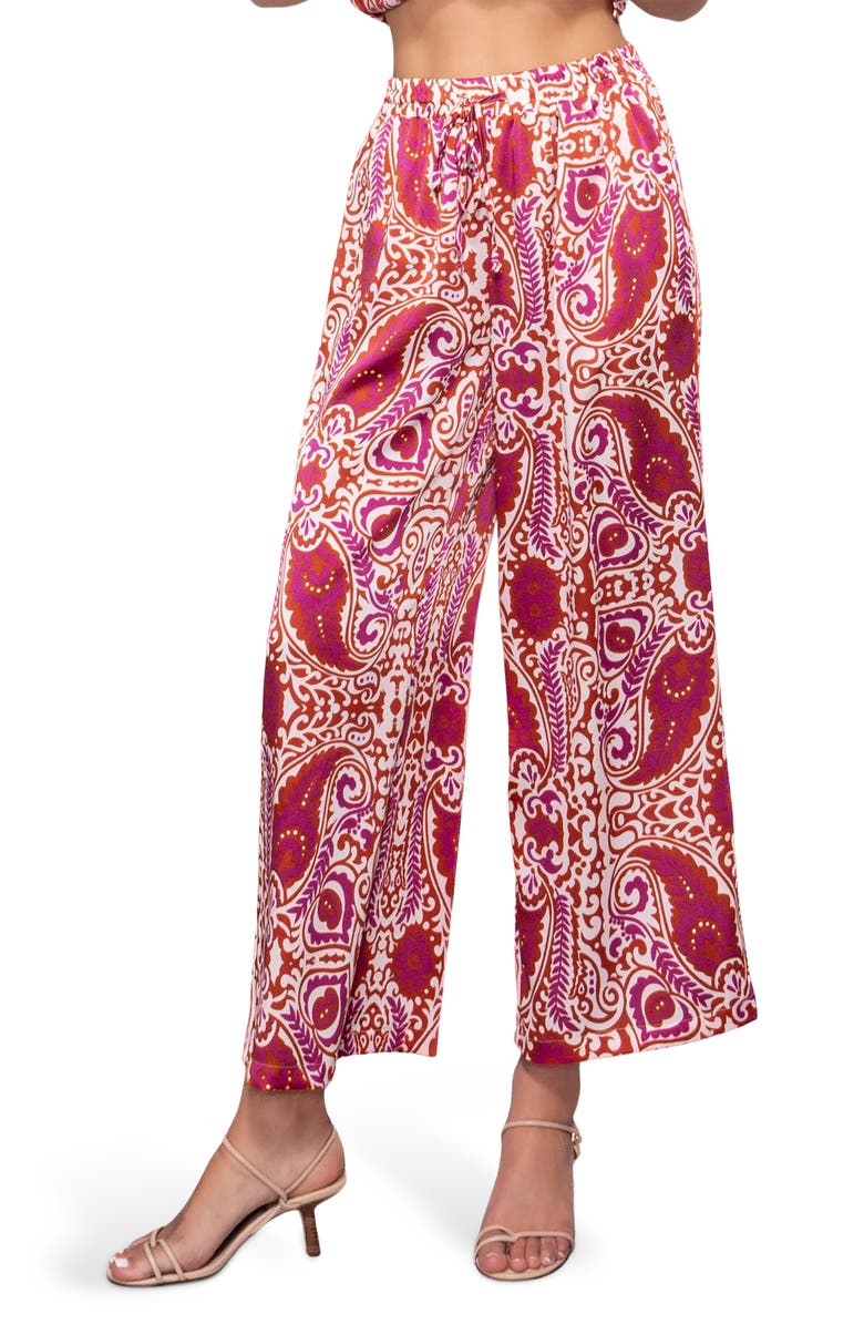 MELLODAY Satin Wide Leg Pants, Main, color, Ivory Red Paisley