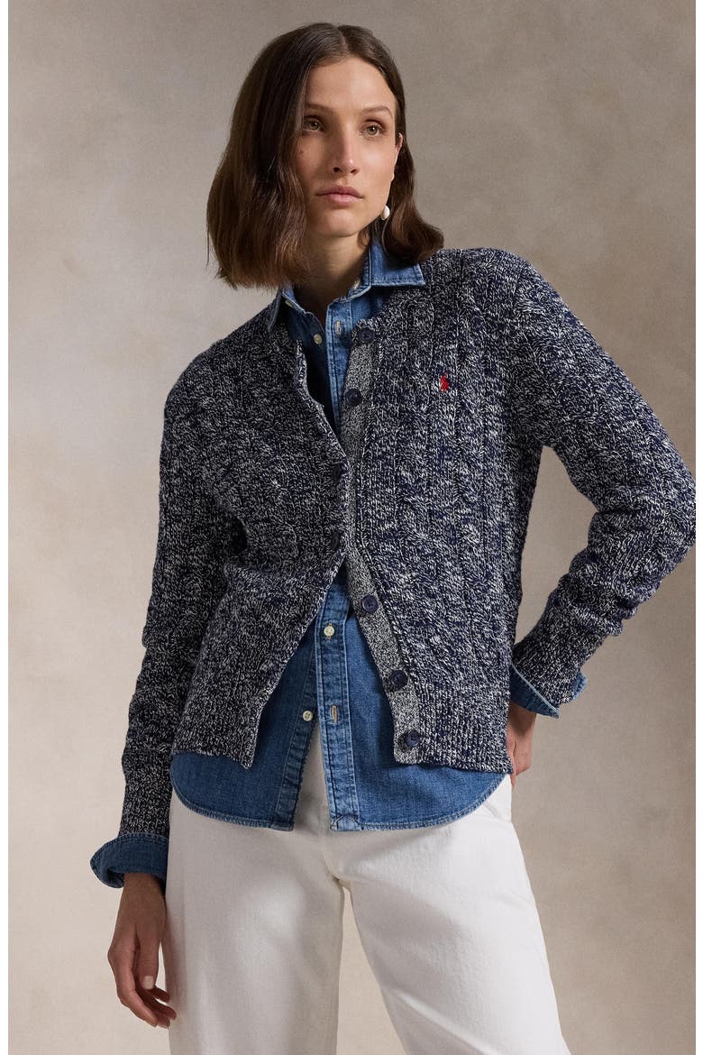 Cable Stitch Cotton Cardigan, Alternate, color, NAVY/CREAM