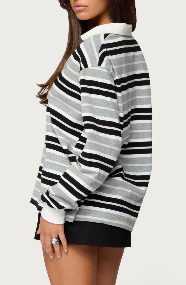 EDIKTED Renya Stripe Long Sleeve Oversize Polo, Alternate, color, Gray
