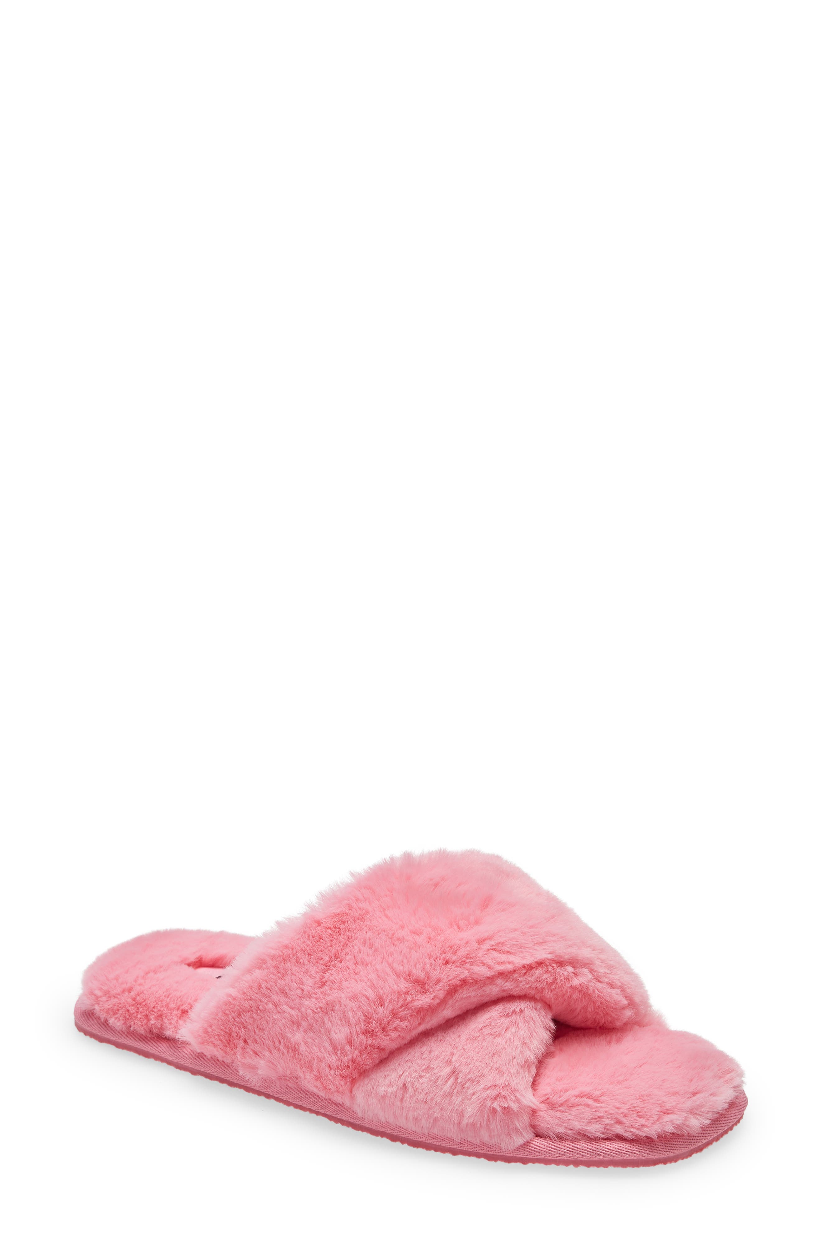 Mae Cross Strap Faux Fur Slipper, Main, color, PINK PRISM