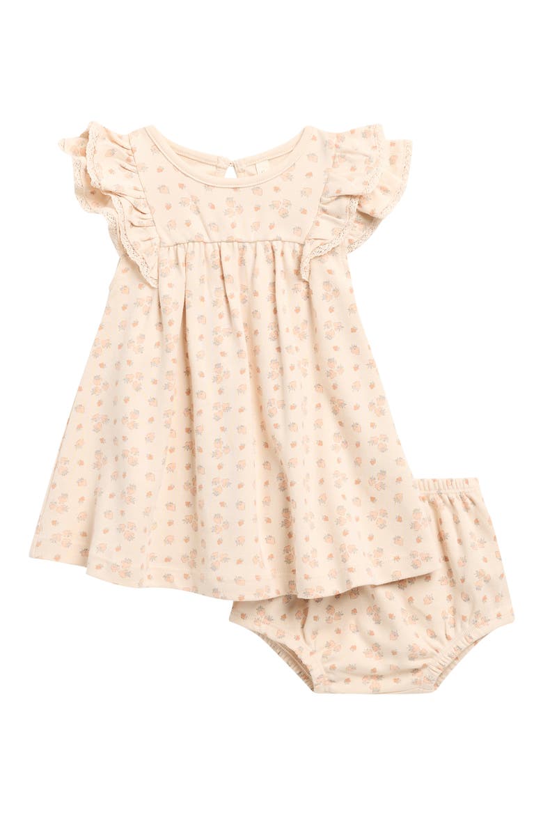 Lace Trim Ruffle Organic Cotton Dress with Bloomers, Main, color, ECRU