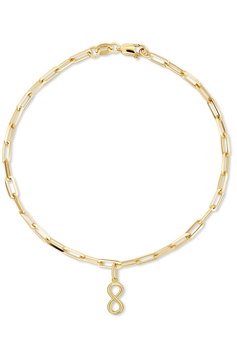 DEVATA Infinity Charm with Paperclip Chain Bracelet in 14K Gold, 7", Main, color, Yellow Gold