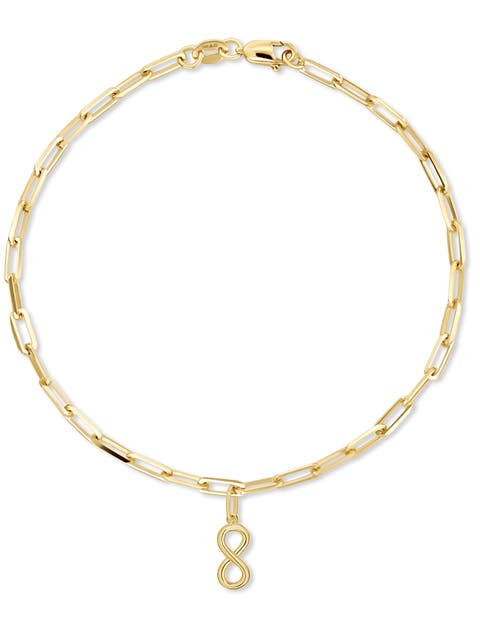 Infinity Charm with Paperclip Chain Bracelet in 14K Gold, 7"