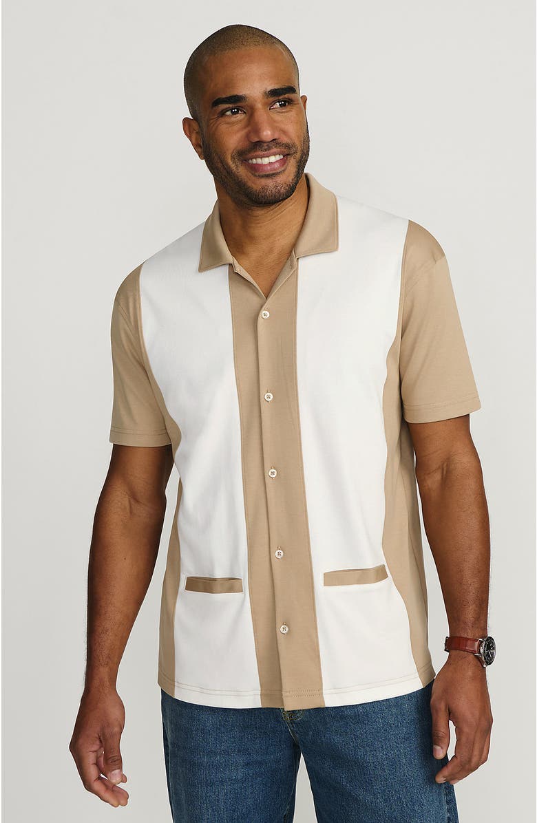 Lands' End Short Sleeve Supima Retro Camp Collar Button Through Shirt, Main, color, Desert Tan
