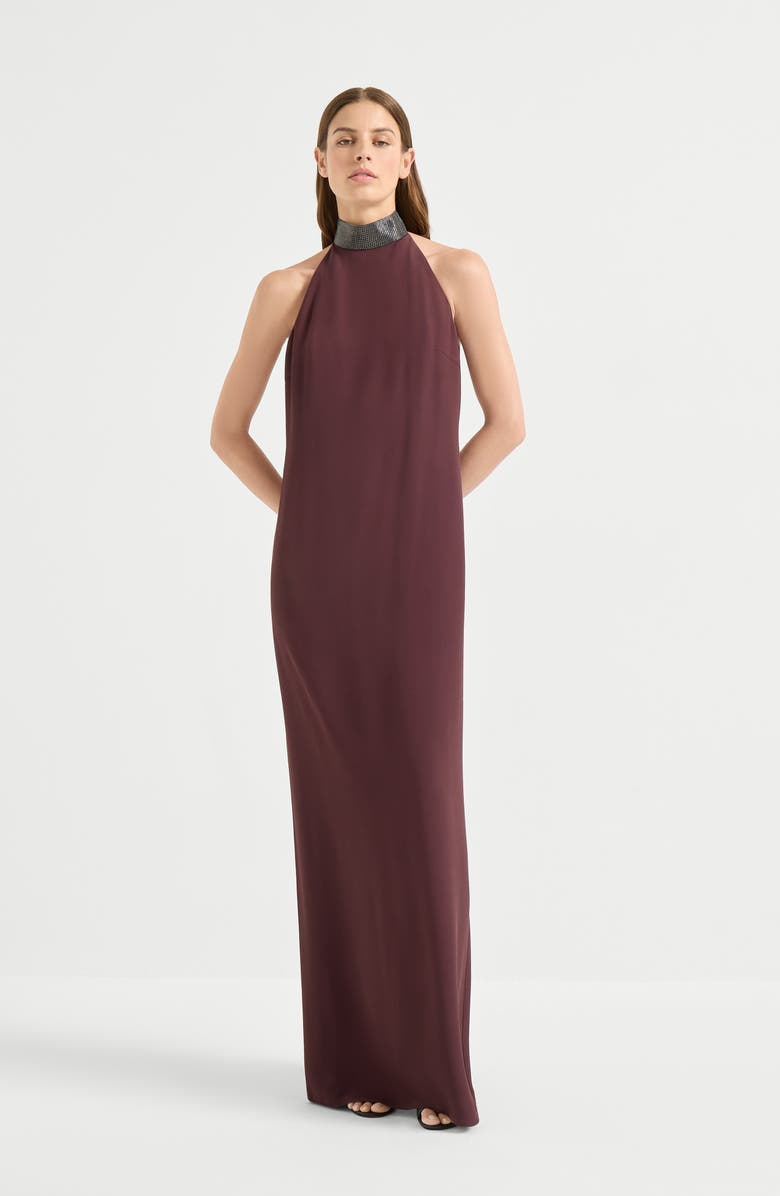 Brunello Cucinelli Halterneck dress with beaded collar, Alternate, color, Burgundy