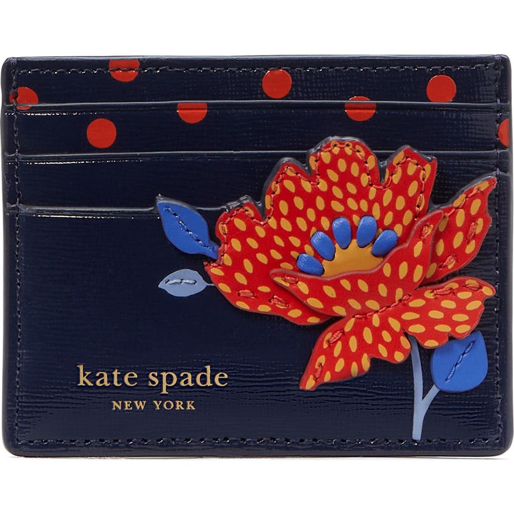 Kate Spade New York Dottie Bloom Flower Appliqué Leather Card Holder In Parisian Navy Multi