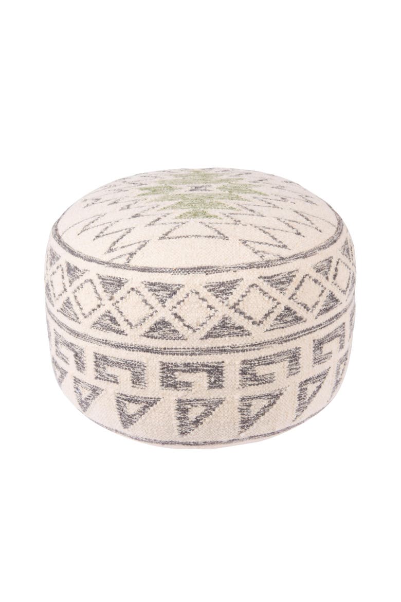 Round Wool Blend Kilim Pouf with Geometric Design, Grey, Main, color, Grey