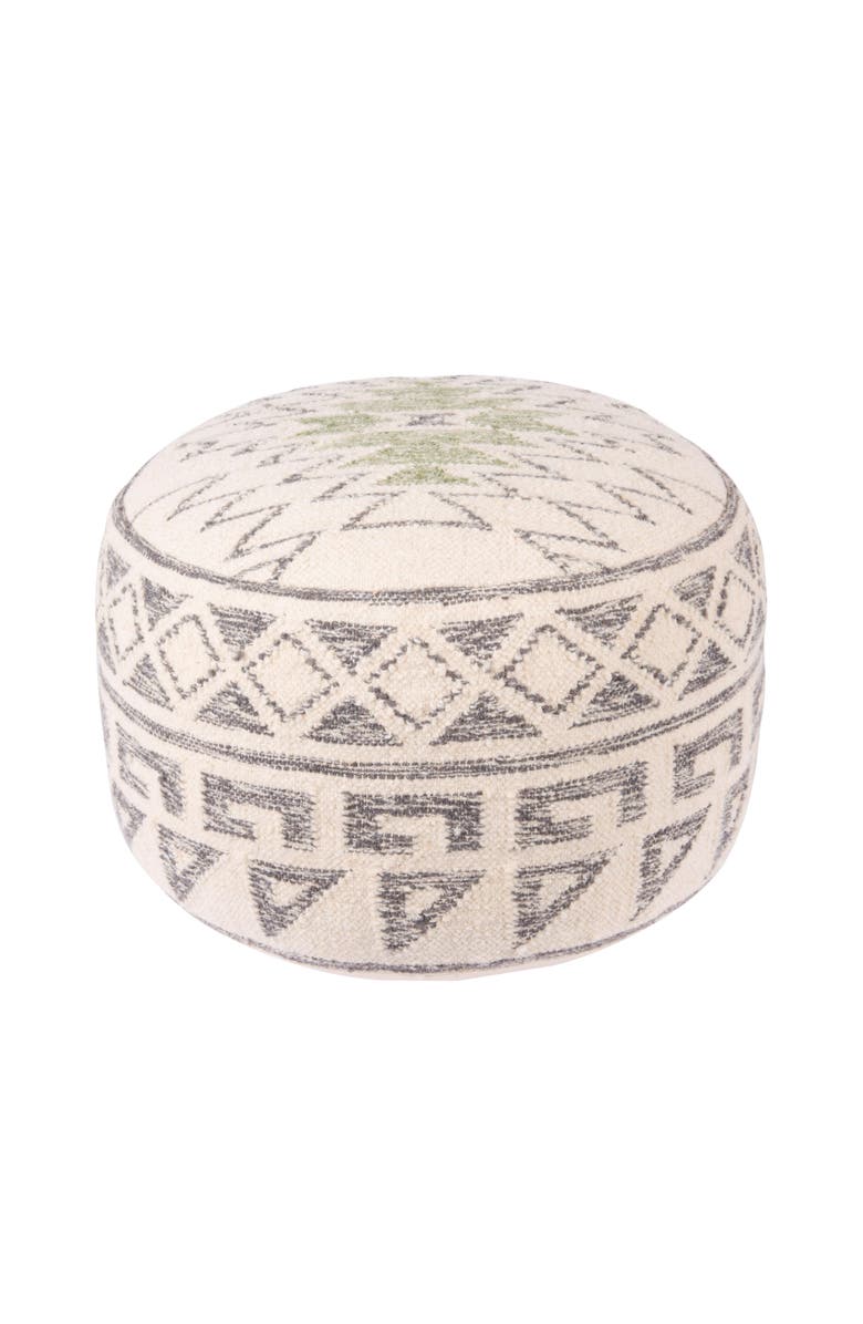 Storied Home Round Wool Blend Kilim Pouf with Geometric Design, Grey, Main, color, Grey