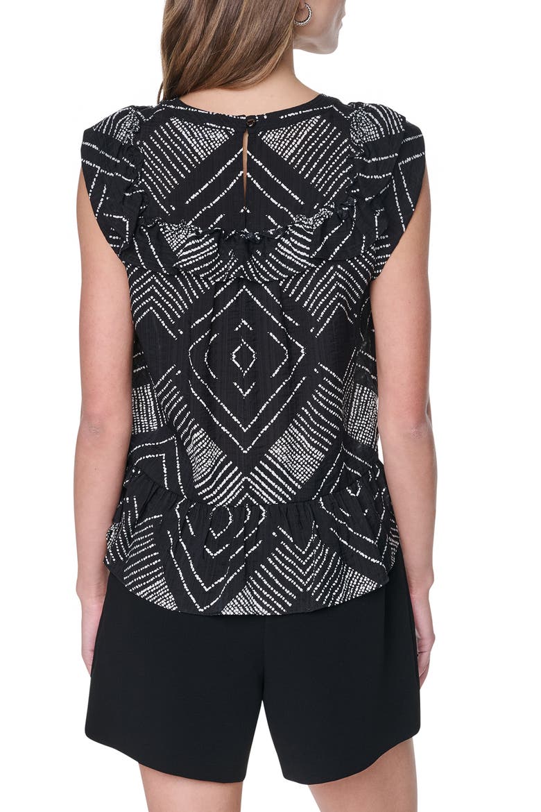 Print Flange Sleeve Ruffle Front Top, Alternate, color, GEO DIAMOND POINTELLE
