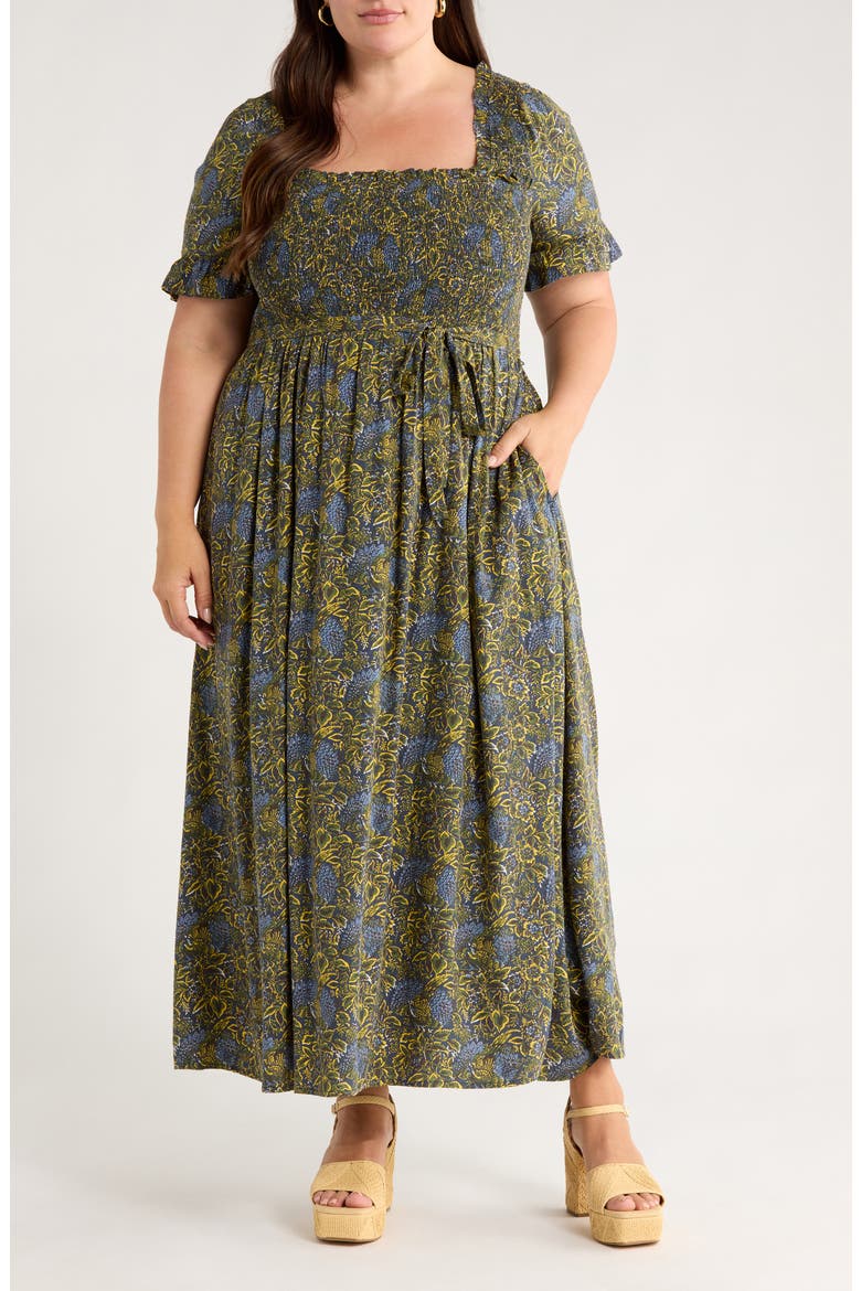Smocked Ruffle Maxi Dress, Main, color, NAVY- YELLOW JASMINE BOHO