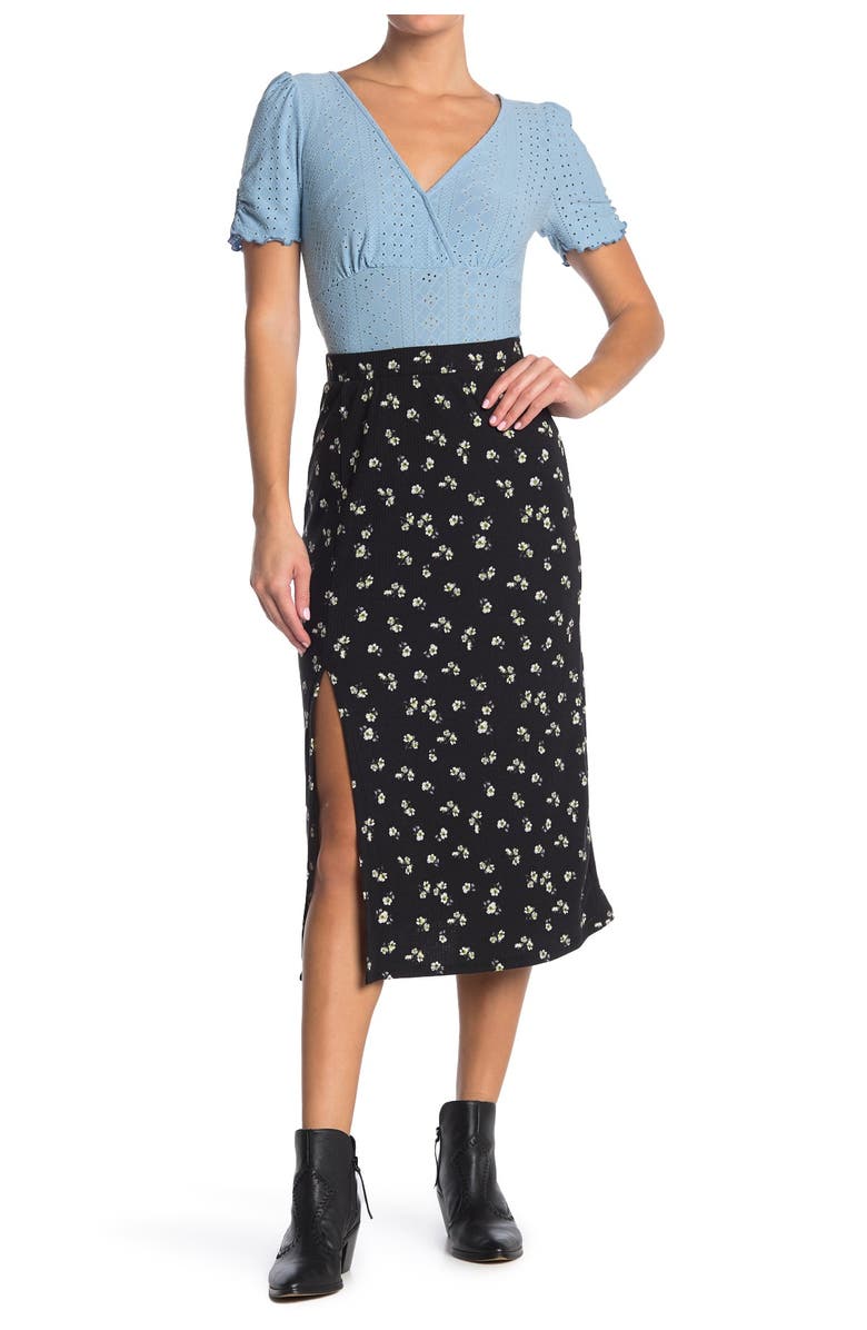 Good Luck Gem Side Slit Ribbed Midi Skirt, Main, color, 