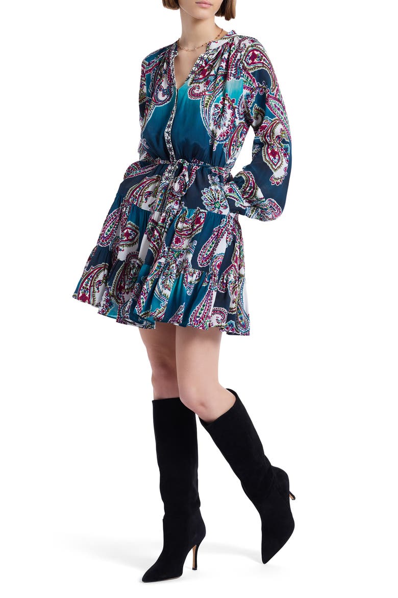 Sydney Paisley Long Sleeve Tiered Shirtdress, Alternate, color, BLUE MULTI